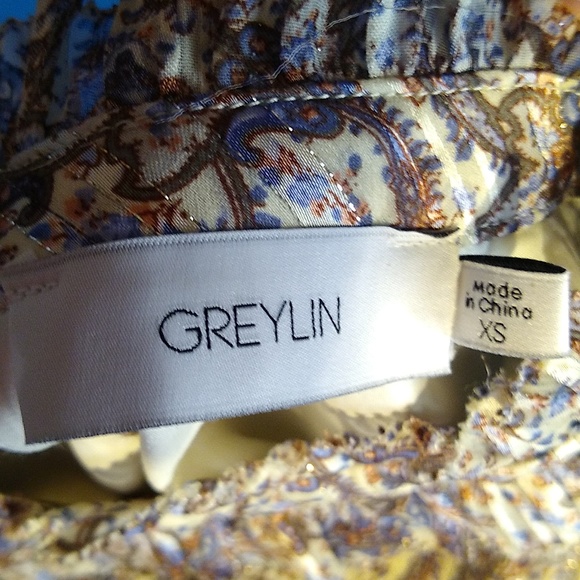 Greylin xs metallic thread lined paisley blouse w/ ruffle neck - Picture 6 of 11